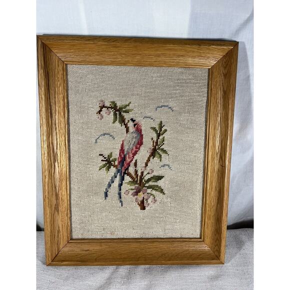 Handmade Other - Vintage Finished Framed Bird Needlepoint Petit Point Embroidery 17” Tall